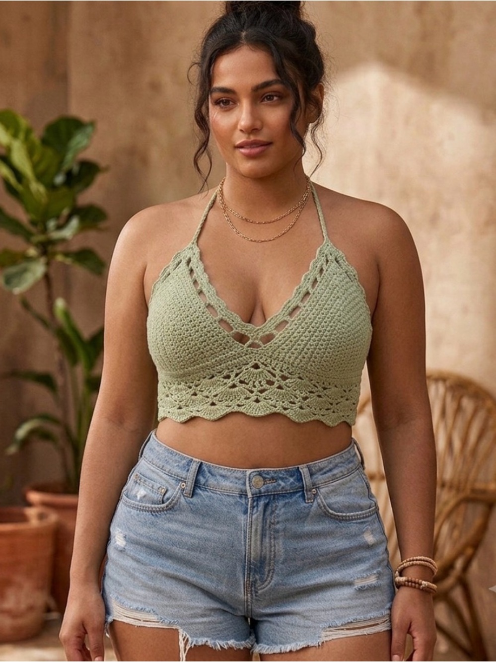 Festival Vibes Handmade Crochet Halter Top in Light Green